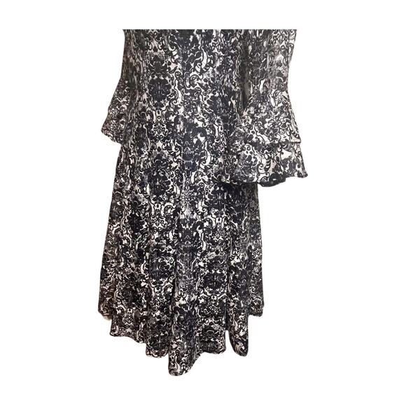 Julian Taylor Black White Brocade Dress Bell Sleeve Fit Flare Gothic Baroque - Picture 4 of 11